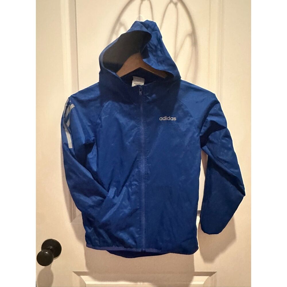 Adidas Blue Windbreaker with Hood Boy Jacket Size 8